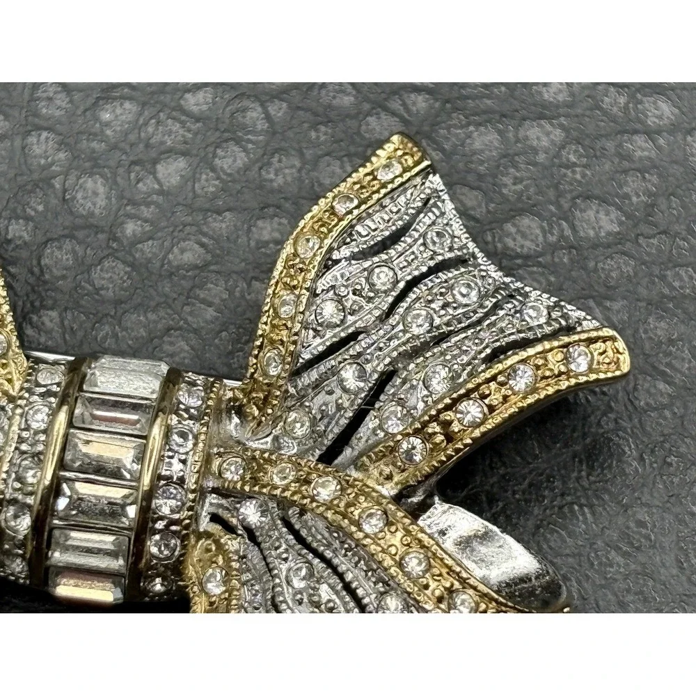 Vintage 90s Gold Tone Silver Tone Rhinestone Bow Brooch Pin Art Deco Revival